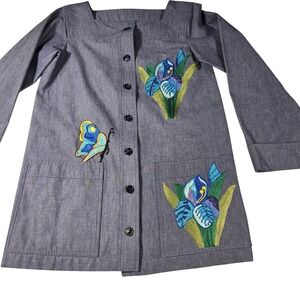 Embroidered Floral Butterfly Chambray Tunic Top Blue Long Sleeve Square Neck
